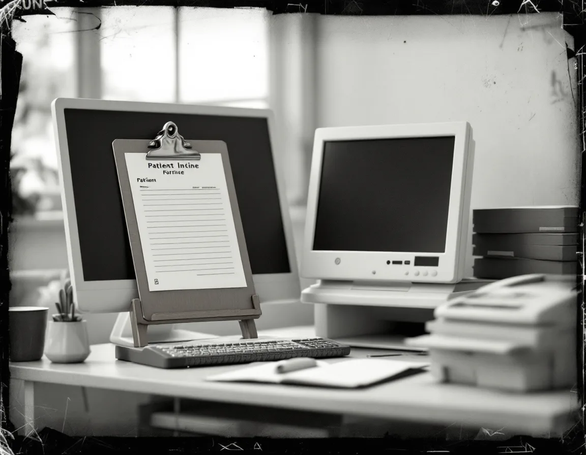Antique tintype-style photo of a clinic front desk with a clipboard, monitor and patient folders